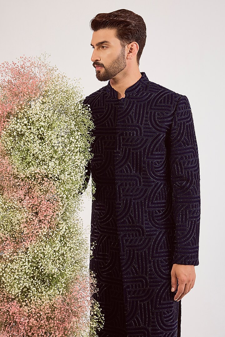 Navy Blue Velvet Chikankari Embroidered Wedding Sherwani by Kasbah Clothing at Pernia's Pop Up Shop