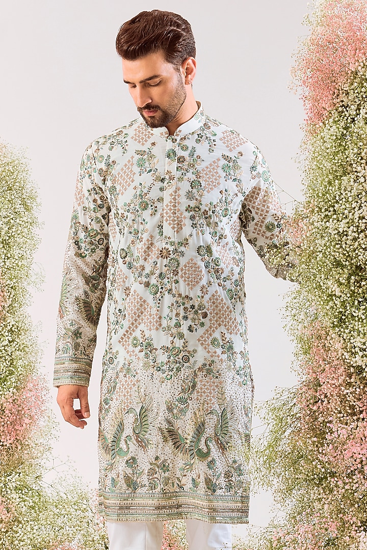 White Georgette Sequin & Floral Embroidered Kurta by Kasbah Clothing at Pernia's Pop Up Shop