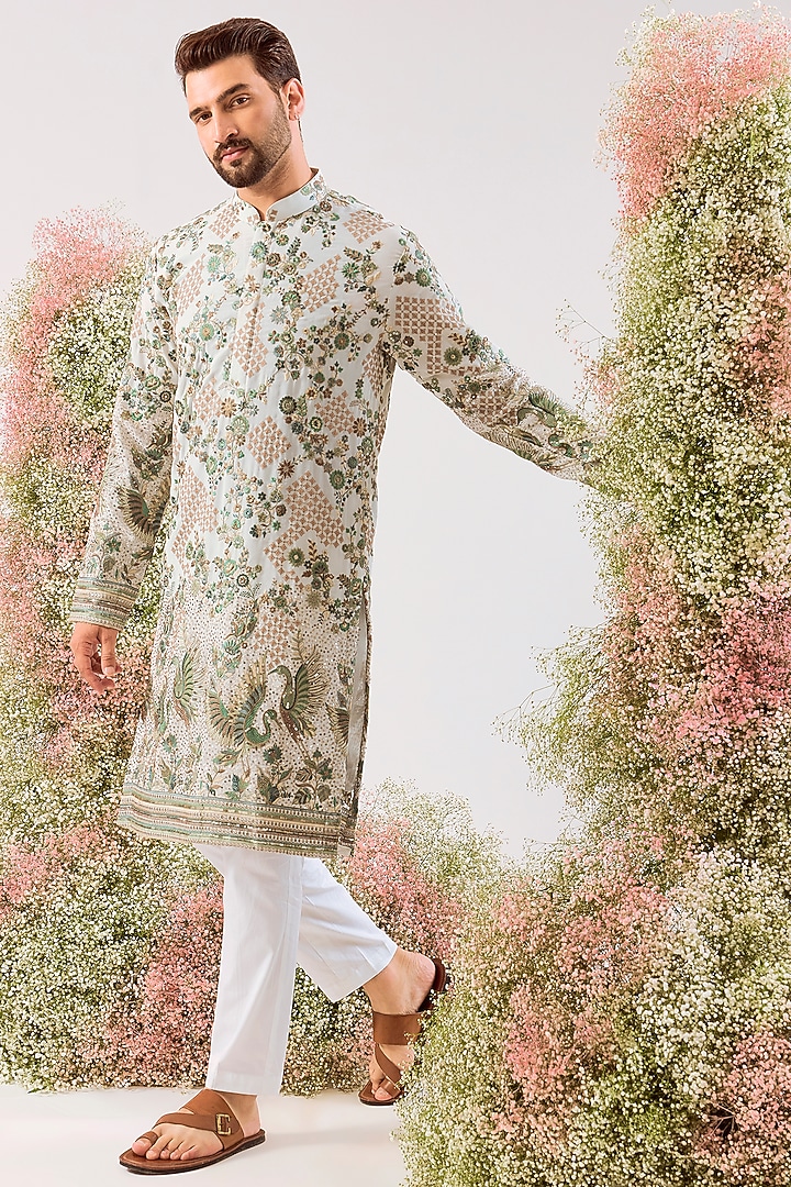 White Georgette Sequin & Floral Embroidered Kurta by Kasbah Clothing at Pernia's Pop Up Shop