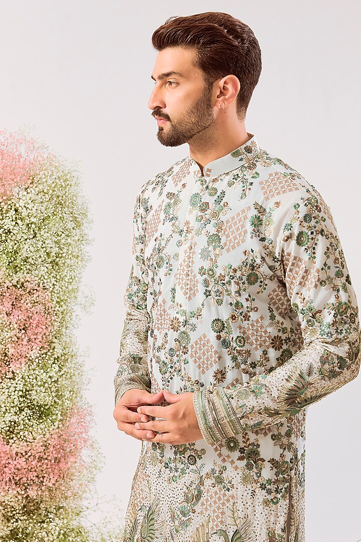 White Georgette Sequin & Floral Embroidered Kurta by Kasbah Clothing at Pernia's Pop Up Shop
