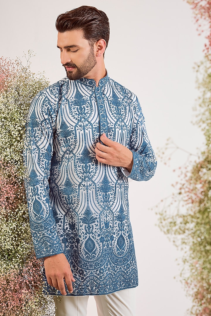 Blue Organza Chikankari Embroidered Kurta by Kasbah Clothing at Pernia's Pop Up Shop