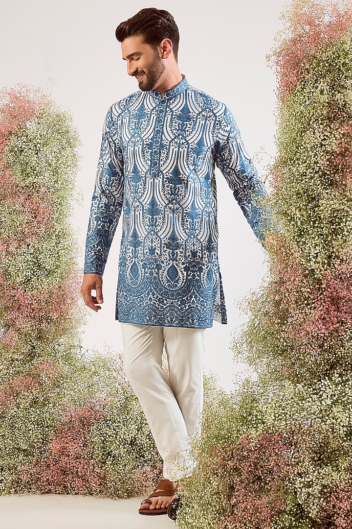Blue Organza Chikankari Embroidered Kurta by Kasbah Clothing at Pernia's Pop Up Shop