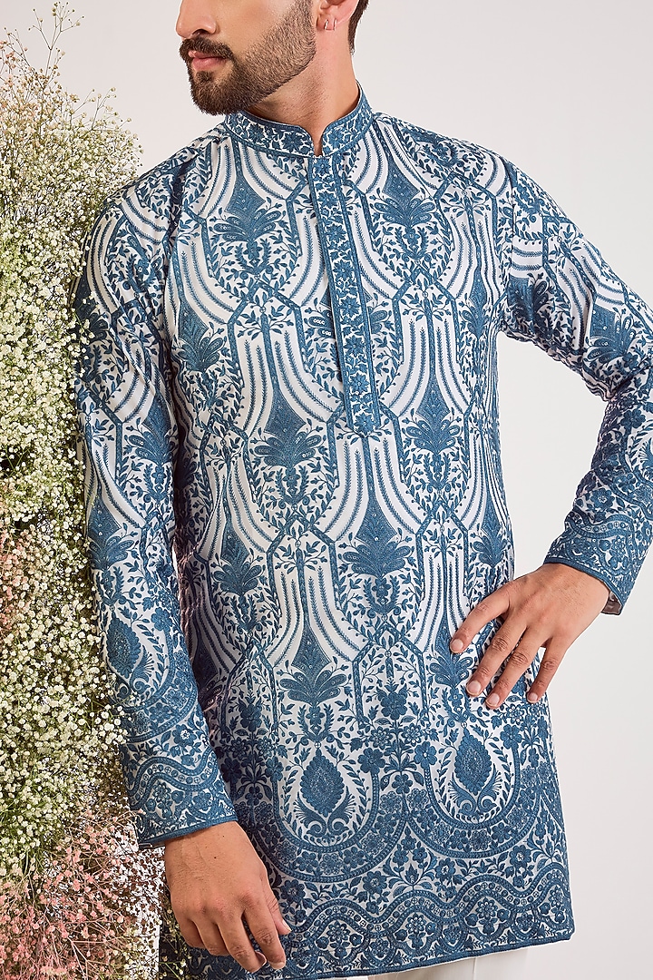 Blue Organza Chikankari Embroidered Kurta by Kasbah Clothing at Pernia's Pop Up Shop