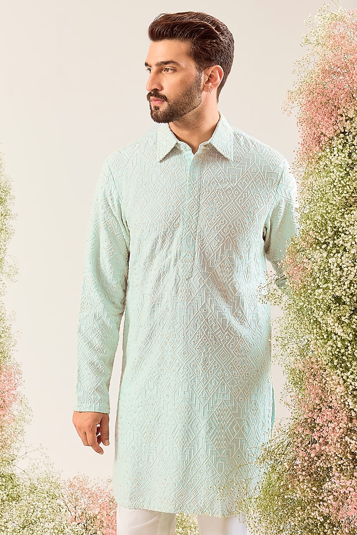 Aqua Silk Thread & Sequin Embroidered Kurta by Kasbah Clothing at Pernia's Pop Up Shop