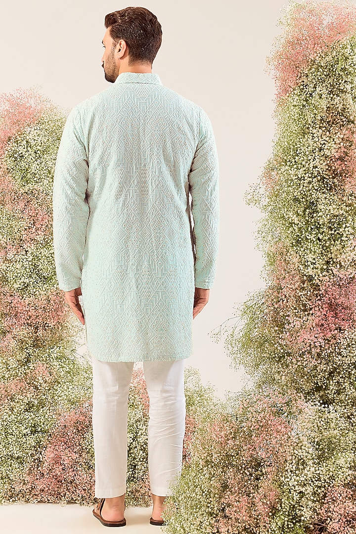 Aqua Silk Thread & Sequin Embroidered Kurta by Kasbah Clothing at Pernia's Pop Up Shop