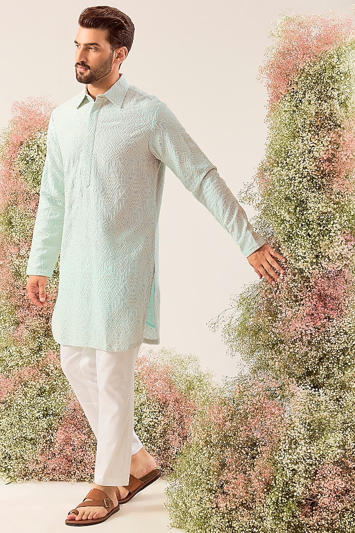 Aqua Silk Thread & Sequin Embroidered Kurta by Kasbah Clothing at Pernia's Pop Up Shop