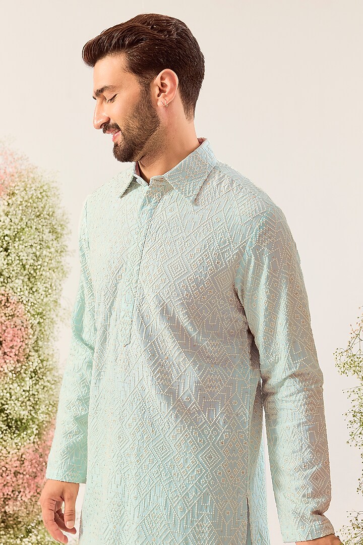 Aqua Silk Thread & Sequin Embroidered Kurta by Kasbah Clothing at Pernia's Pop Up Shop