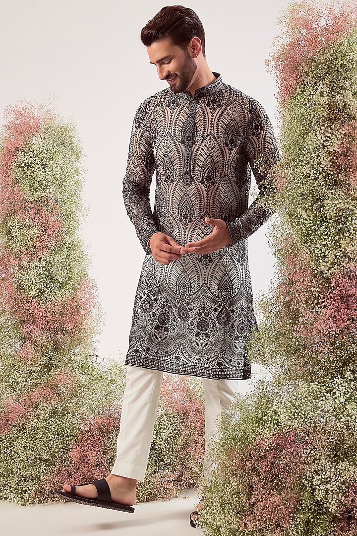 Black Organza Chikankari Embroidered Kurta by Kasbah Clothing at Pernia's Pop Up Shop