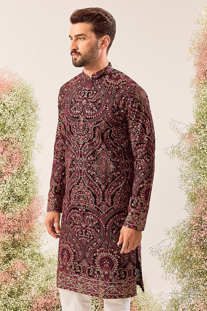 Black Georgette Chikankari Embroidered Kashmiri Kurta by Kasbah Clothing at Pernia's Pop Up Shop