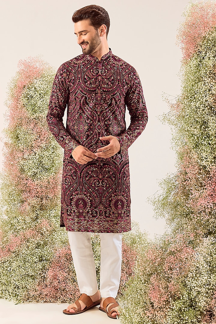 Black Georgette Chikankari Embroidered Kashmiri Kurta by Kasbah Clothing at Pernia's Pop Up Shop