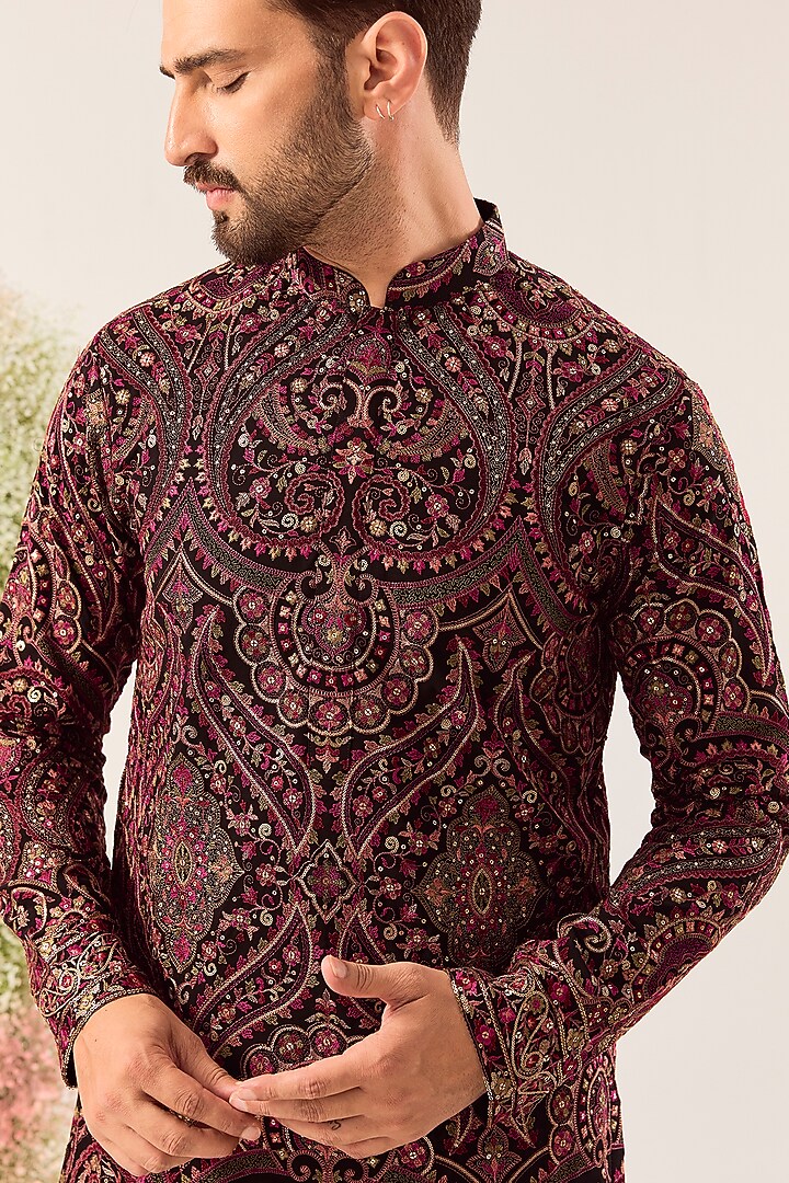 Black Georgette Chikankari Embroidered Kashmiri Kurta by Kasbah Clothing at Pernia's Pop Up Shop