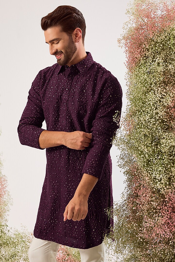 Wine Silk Sequin Embroidered Pathani Kurta by Kasbah Clothing at Pernia's Pop Up Shop