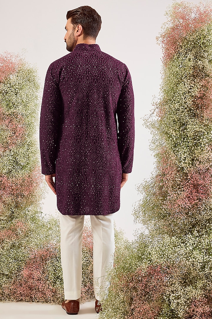 Wine Silk Sequin Embroidered Pathani Kurta by Kasbah Clothing at Pernia's Pop Up Shop
