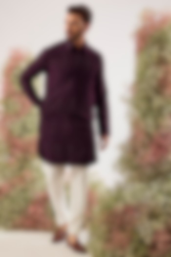 Wine Silk Sequin Embroidered Pathani Kurta by Kasbah Clothing at Pernia's Pop Up Shop