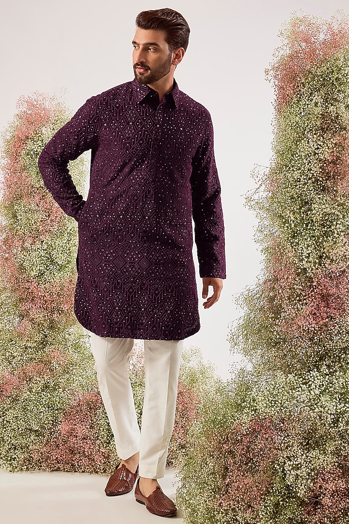 Wine Silk Sequin Embroidered Pathani Kurta by Kasbah Clothing at Pernia's Pop Up Shop
