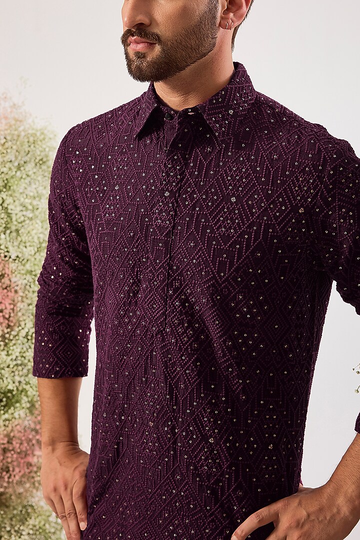 Wine Silk Sequin Embroidered Pathani Kurta by Kasbah Clothing at Pernia's Pop Up Shop