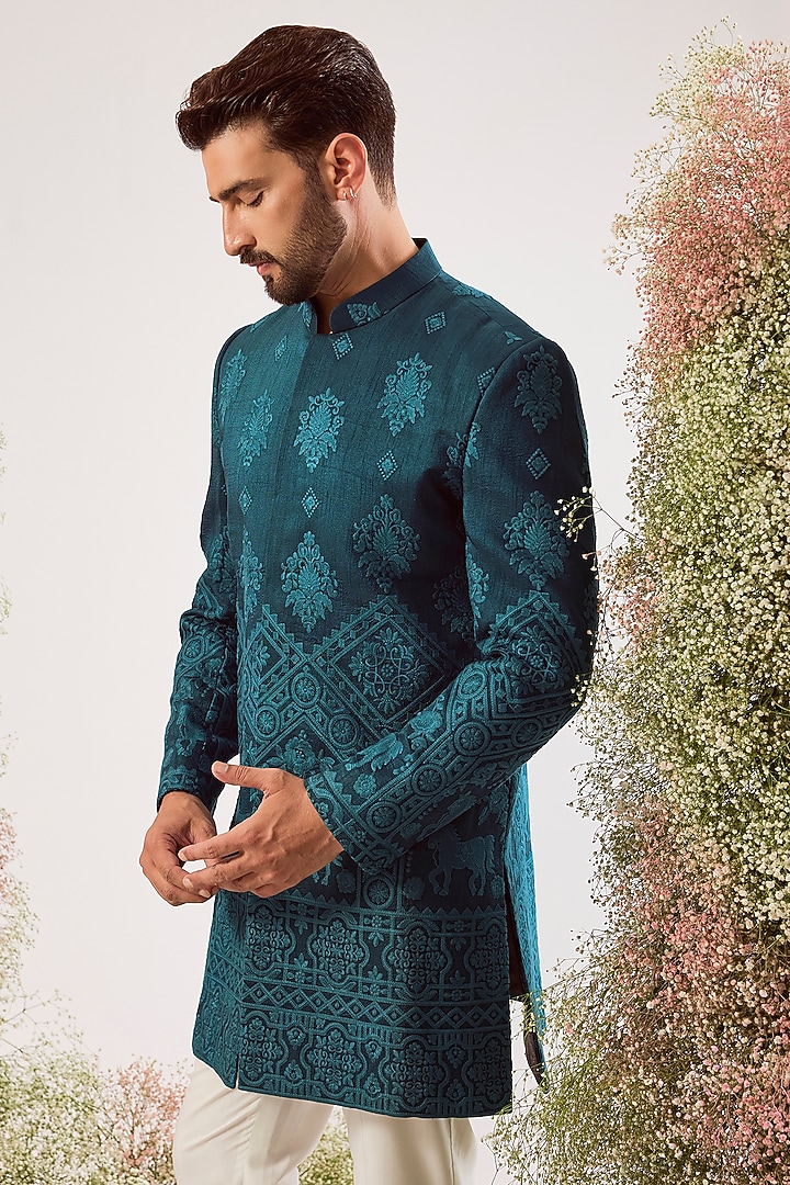 Teal Silk Thread Work Wedding Sherwani by Kasbah Clothing at Pernia's Pop Up Shop