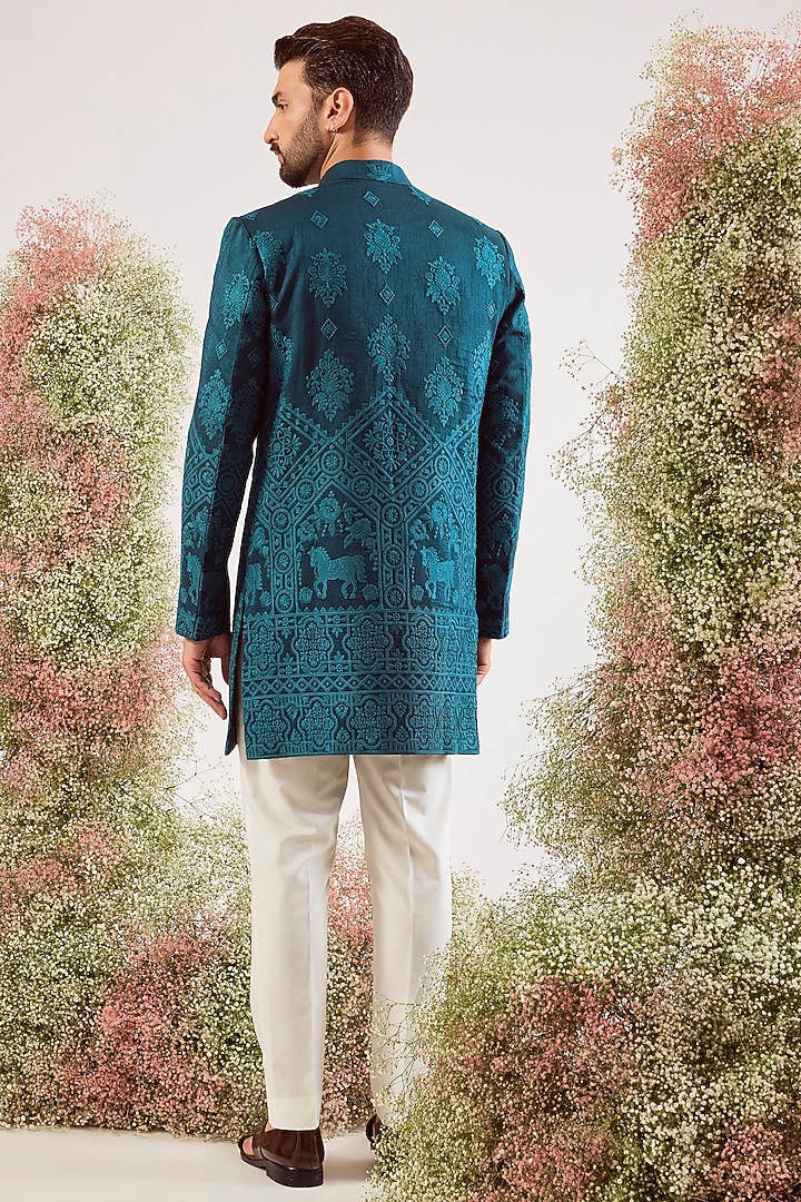 Teal Silk Thread Work Wedding Sherwani by Kasbah Clothing at Pernia's Pop Up Shop