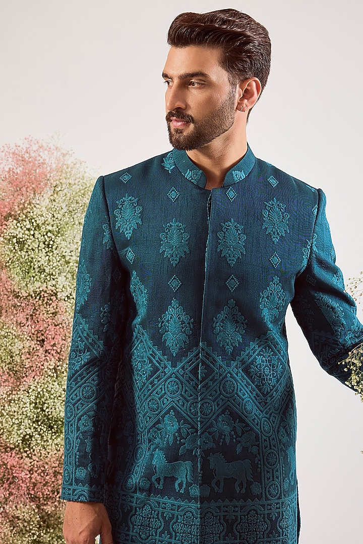 Teal Silk Thread Work Wedding Sherwani by Kasbah Clothing at Pernia's Pop Up Shop