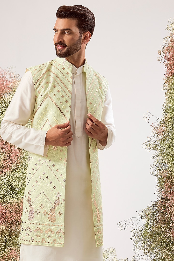 Green Georgette Patchwork Long Jacket by Kasbah Clothing at Pernia's Pop Up Shop