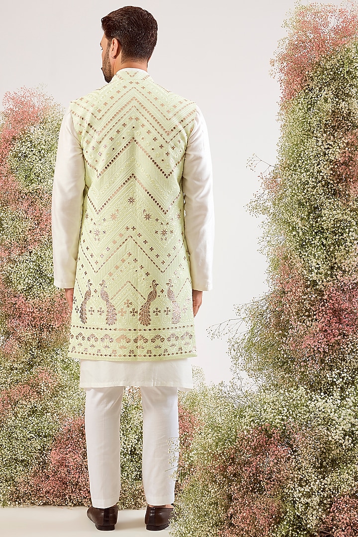 Green Georgette Patchwork Long Jacket by Kasbah Clothing at Pernia's Pop Up Shop
