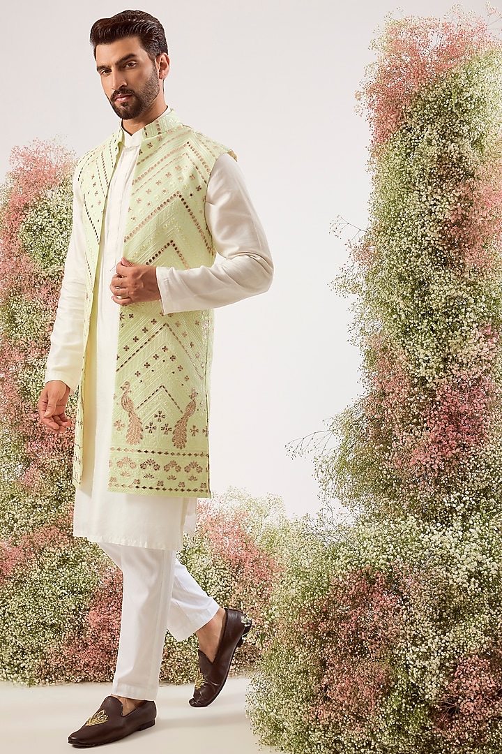 Green Georgette Patchwork Long Jacket by Kasbah Clothing at Pernia's Pop Up Shop