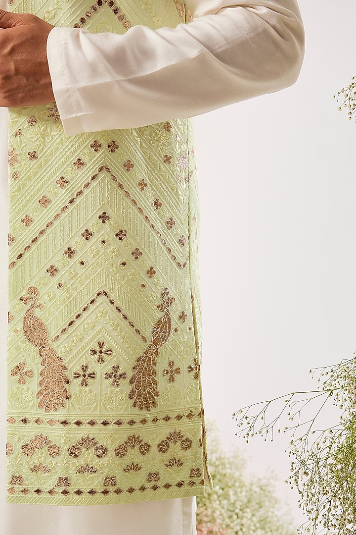 Green Georgette Patchwork Long Jacket by Kasbah Clothing at Pernia's Pop Up Shop