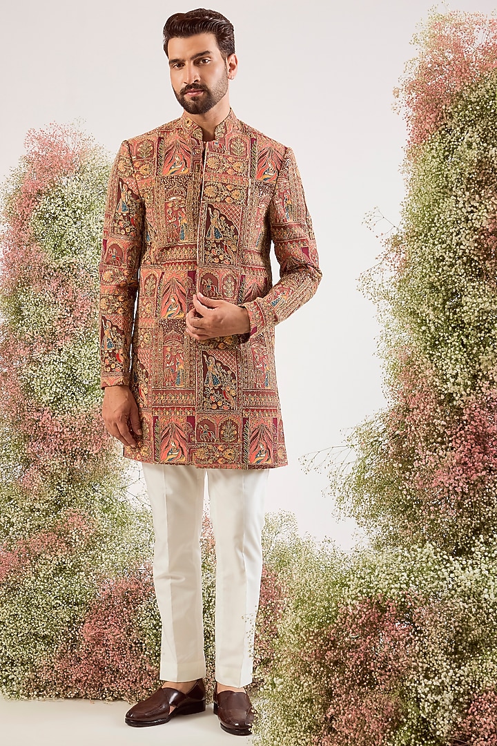 Mauve Georgette Zari Work Wedding Sherwani by Kasbah Clothing at Pernia's Pop Up Shop