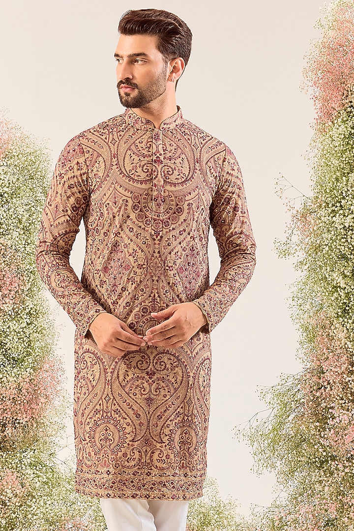 Beige Georgette Kashmiri Embroidered Kurta by Kasbah Clothing at Pernia's Pop Up Shop