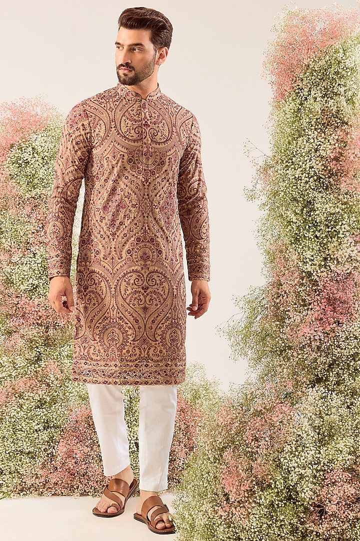 Beige Georgette Kashmiri Embroidered Kurta by Kasbah Clothing at Pernia's Pop Up Shop