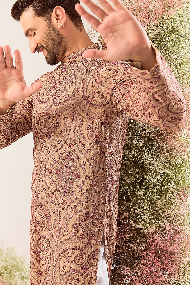 Beige Georgette Kashmiri Embroidered Kurta by Kasbah Clothing at Pernia's Pop Up Shop