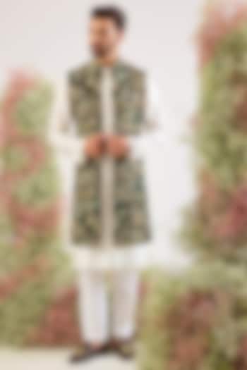 Green Georgette Floral Embroidered Long Jacket by Kasbah Clothing at Pernia's Pop Up Shop