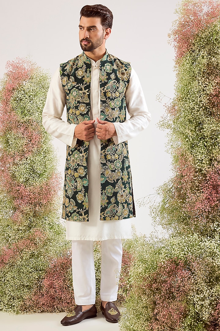 Green Georgette Floral Embroidered Long Jacket by Kasbah Clothing at Pernia's Pop Up Shop