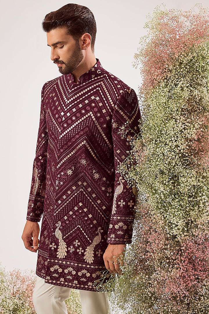 Magenta Georgette Thread Work Wedding Sherwani by Kasbah Clothing at Pernia's Pop Up Shop