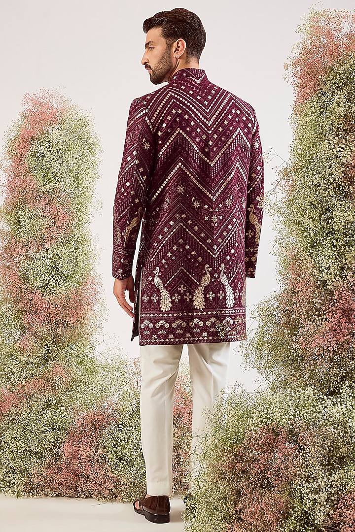 Magenta Georgette Thread Work Wedding Sherwani by Kasbah Clothing at Pernia's Pop Up Shop
