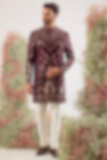 Magenta Georgette Thread Work Wedding Sherwani by Kasbah Clothing at Pernia's Pop Up Shop