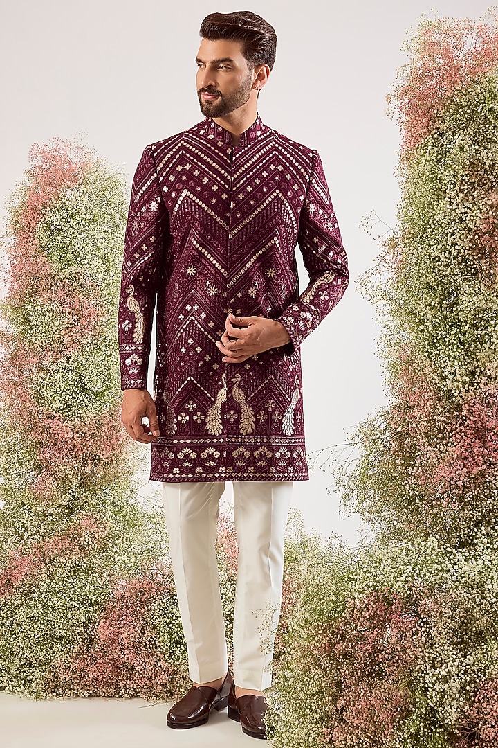 Magenta Georgette Thread Work Wedding Sherwani by Kasbah Clothing at Pernia's Pop Up Shop