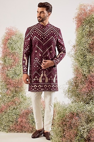 Magenta Georgette Thread Work Sherwani by Kasbah Clothing
