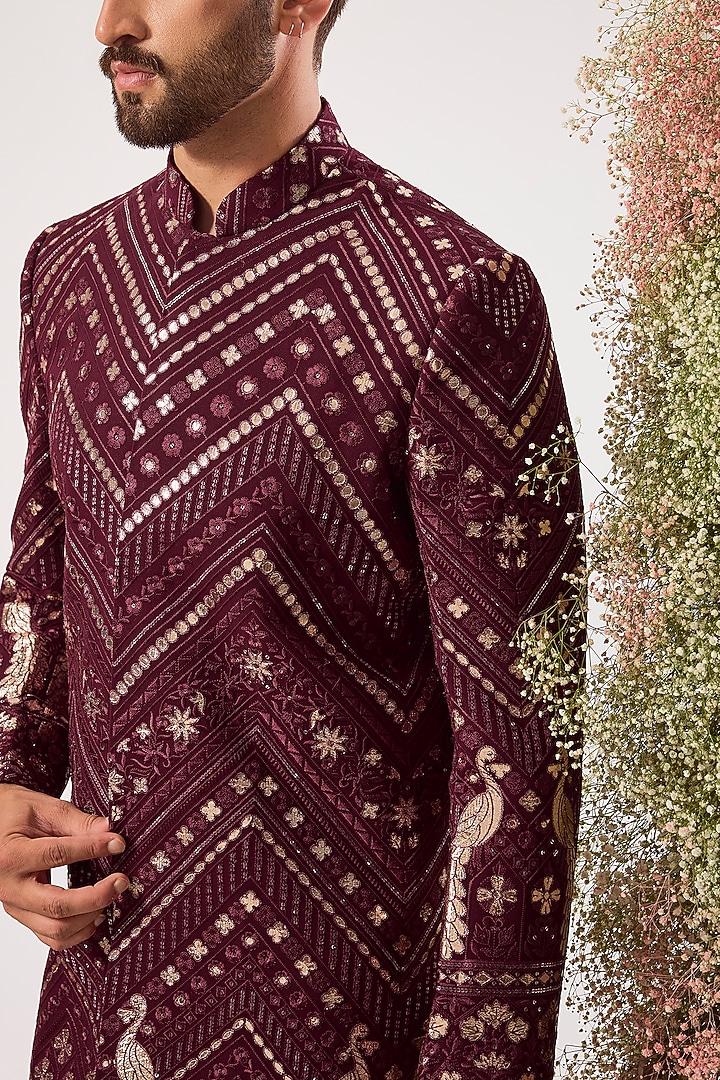Magenta Georgette Thread Work Wedding Sherwani by Kasbah Clothing at Pernia's Pop Up Shop
