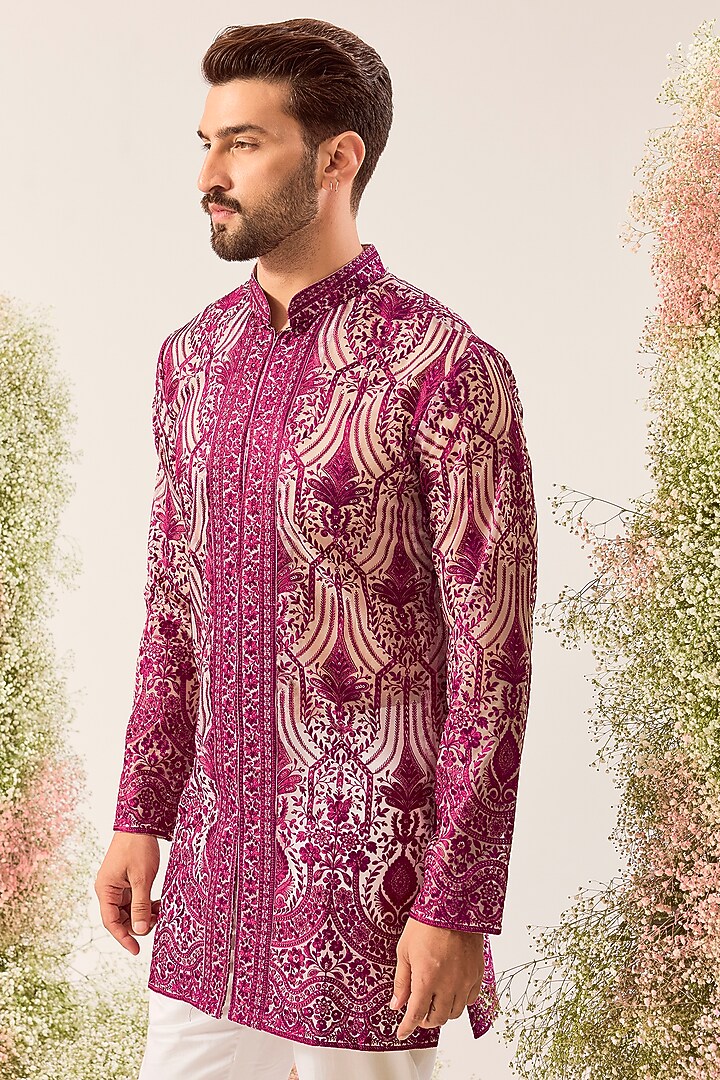 Magenta Organza Sequins Embroidered Kurta by Kasbah Clothing at Pernia's Pop Up Shop