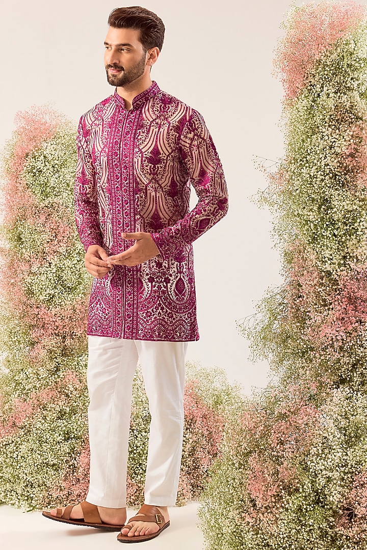 Magenta Organza Sequins Embroidered Kurta by Kasbah Clothing at Pernia's Pop Up Shop