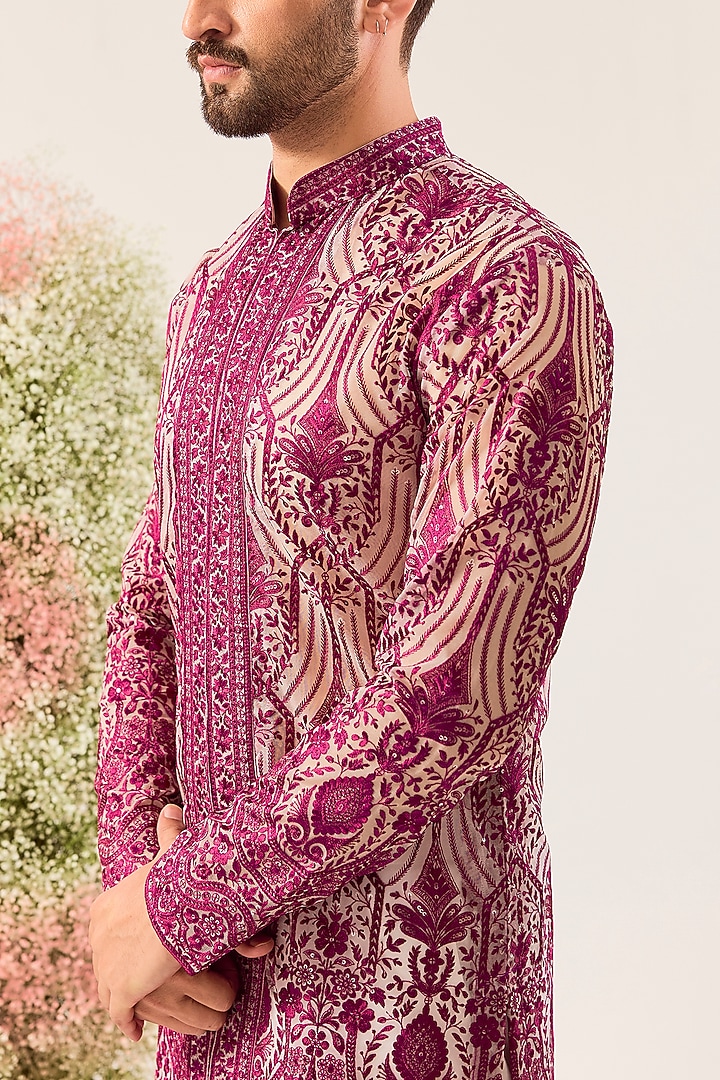 Magenta Organza Sequins Embroidered Kurta by Kasbah Clothing at Pernia's Pop Up Shop