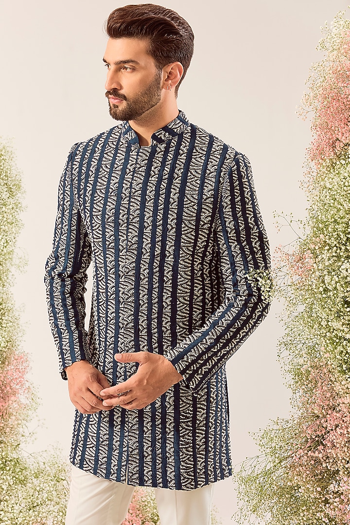 Navy Blue Silk Cutdana Embroidered Short Wedding Indowestern Jacket by Kasbah Clothing at Pernia's Pop Up Shop
