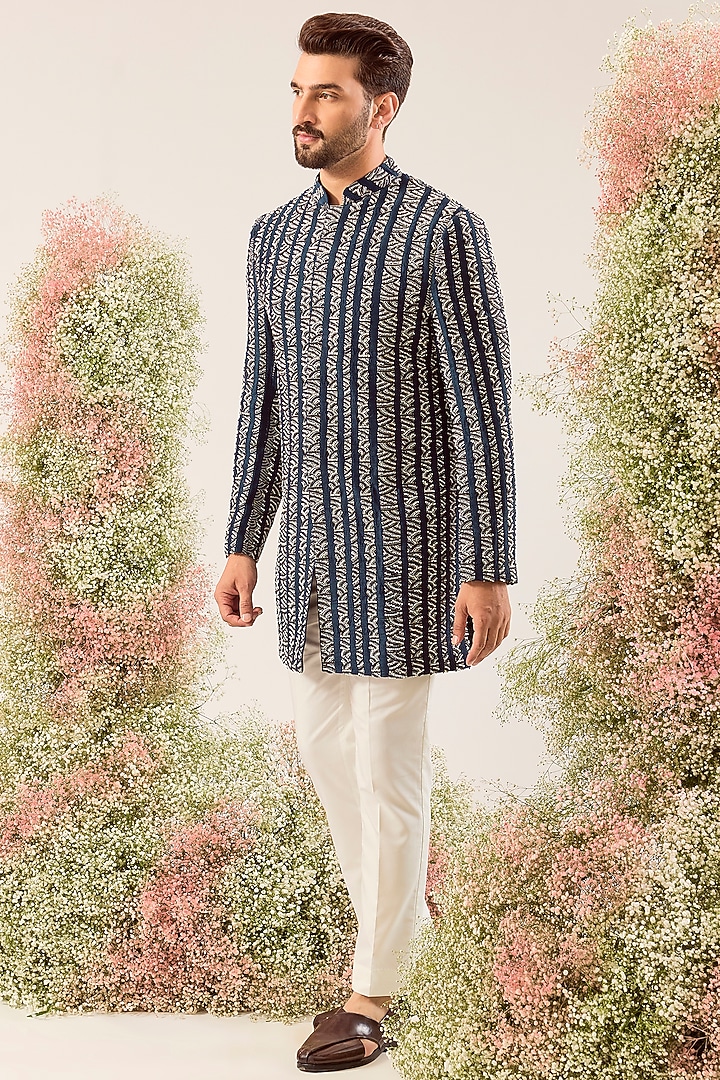 Navy Blue Silk Cutdana Embroidered Short Wedding Indowestern Jacket by Kasbah Clothing at Pernia's Pop Up Shop