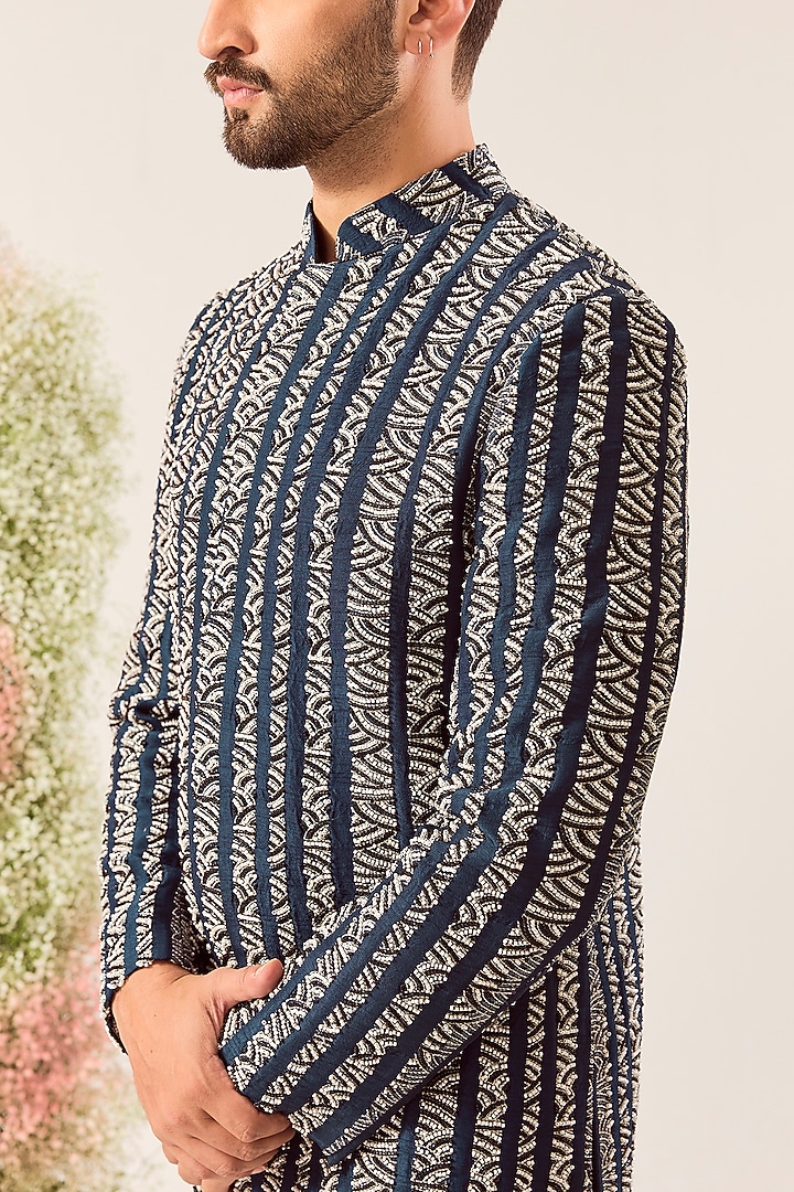 Navy Blue Silk Cutdana Embroidered Short Wedding Indowestern Jacket by Kasbah Clothing at Pernia's Pop Up Shop