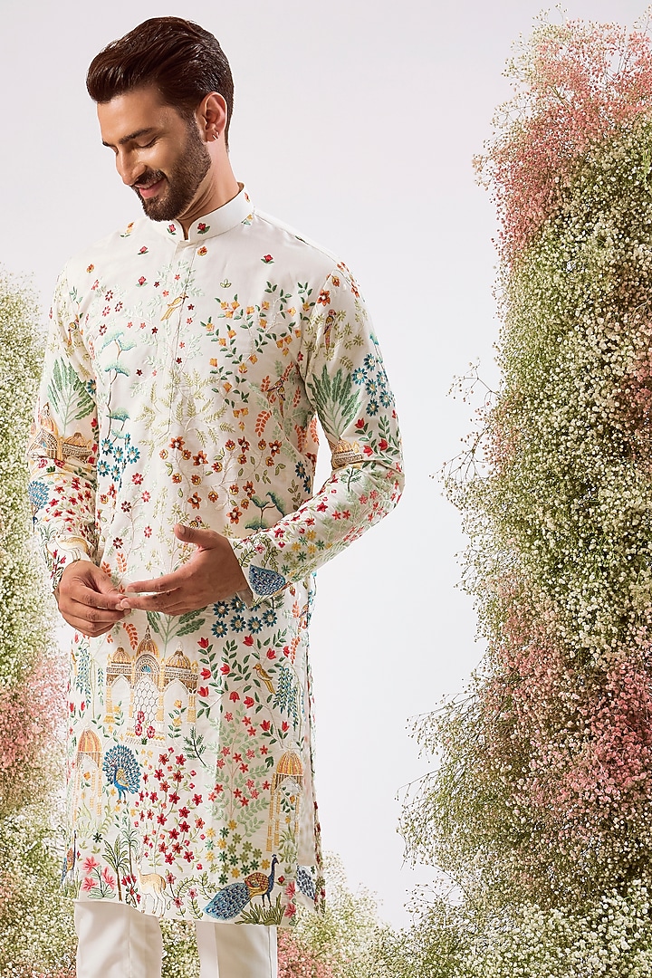 White Silk Sequins Embroidered Kurta by Kasbah Clothing at Pernia's Pop Up Shop