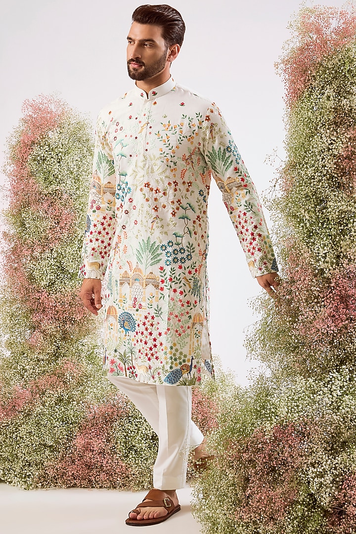 White Silk Sequins Embroidered Kurta by Kasbah Clothing at Pernia's Pop Up Shop