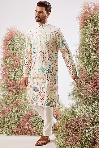 White Silk Sequins Embroidered Kurta by Kasbah Clothing