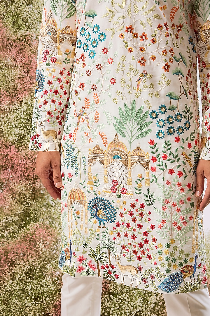 White Silk Sequins Embroidered Kurta by Kasbah Clothing at Pernia's Pop Up Shop