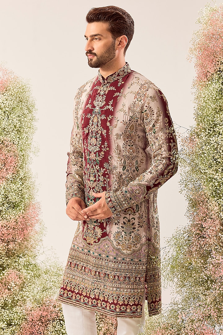 Maroon Crepe Floral Embroidered Kurta by Kasbah Clothing at Pernia's Pop Up Shop